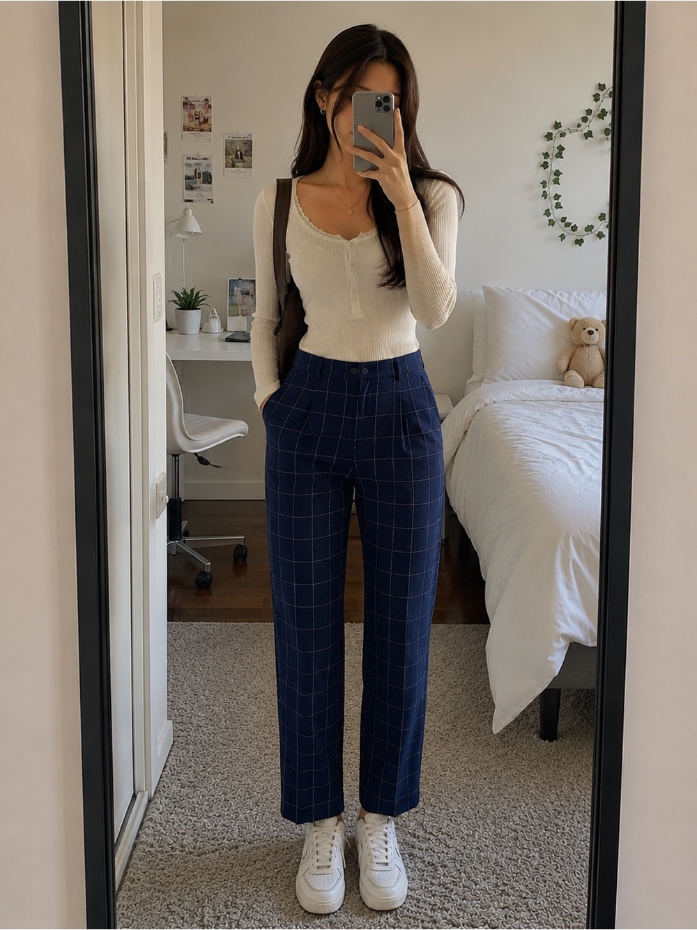Brandy Melville High-Rise Windowpane Trousers - Navy